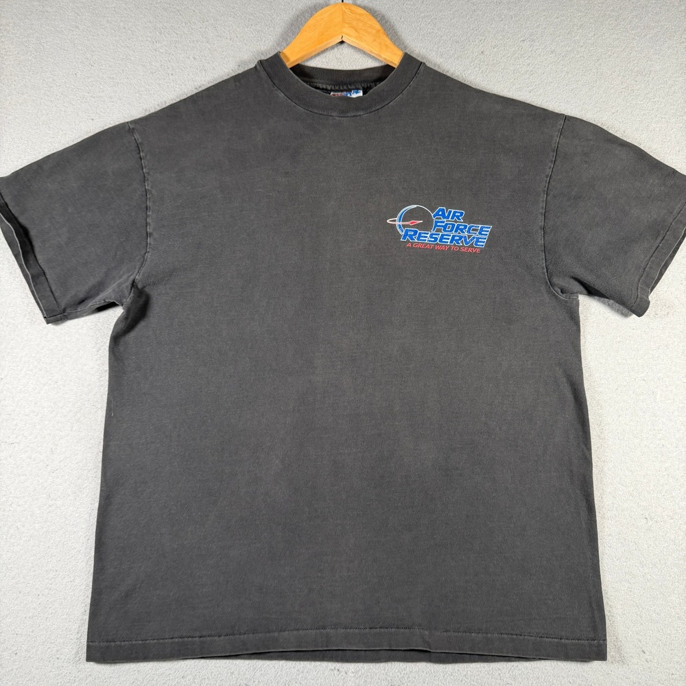 Vintage Air Force Reserve Eagle Flag Shirt Black Large Made in USA Hanes Beefy-T